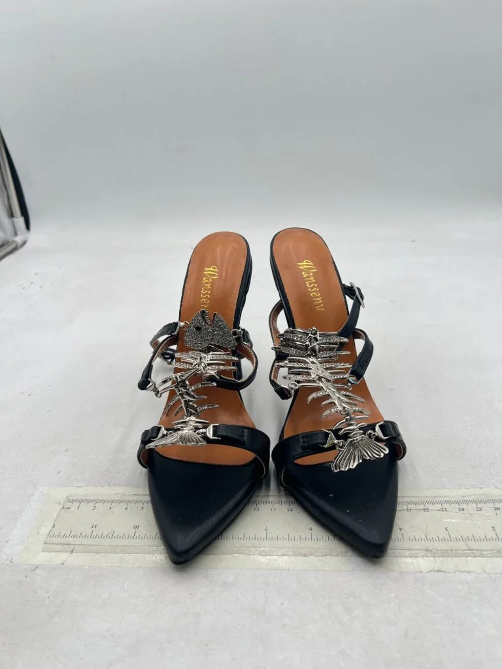 Wansseny Black Open Toe Fishbone Rhinestone Ankle Strap Stiletto Heels Sandals